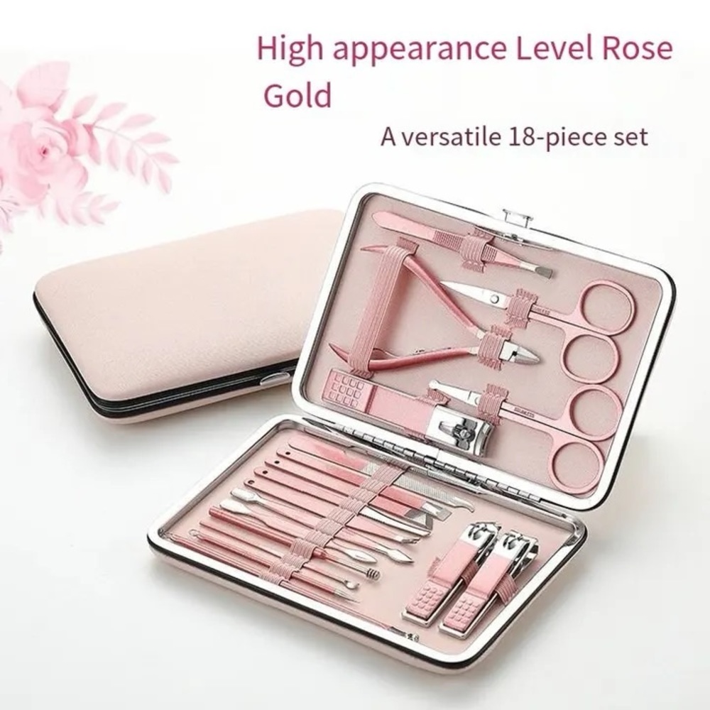 18pcs Nail Clippers Rose Gold Exfoliating Stainless Steel Set